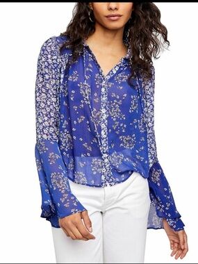 FREE PEOPLE SERENA PRINTED BLOUSE BLUE COMBO Size Small